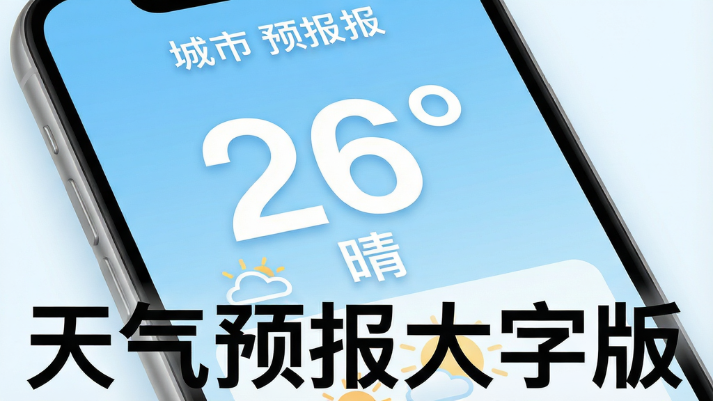 天气预报大字版超大字体展示图,主体为手机屏幕特写,屏幕中间显示巨大的数字“26°”和“晴”字,背景为浅蓝色渐变,布局采用上下结构,上方为城市名称,下方为天气图标,风格为扁平化设计,细节包含清晰的边缘和柔和的光影,画质干净明亮,屏幕中文字显示“天气预报大字版”。
