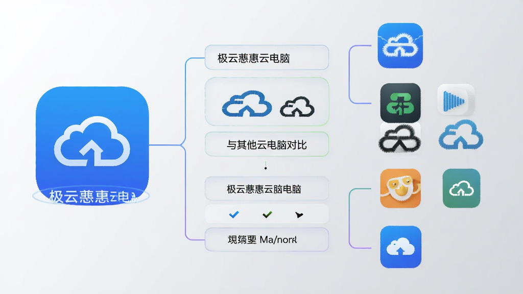 极云普惠云电脑与其他云电脑平台对比示意图,画面中左侧是极云普惠云电脑图标,右侧排列着其他云电脑图标,中间用对比表格线条连接,背景为浅灰色渐变,布局清晰,风格简约商务,细节干净,画质高清,无多余元素