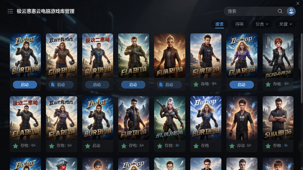 极云普惠云电脑游戏库管理界面,画面中显示网格状的游戏封面墙,每个封面下方有启动按钮与存档状态标识,右上角有搜索框与分类筛选标签,背景为深色半透明,布局规整,风格现代科技,细节丰富,画质高清,无多余元素