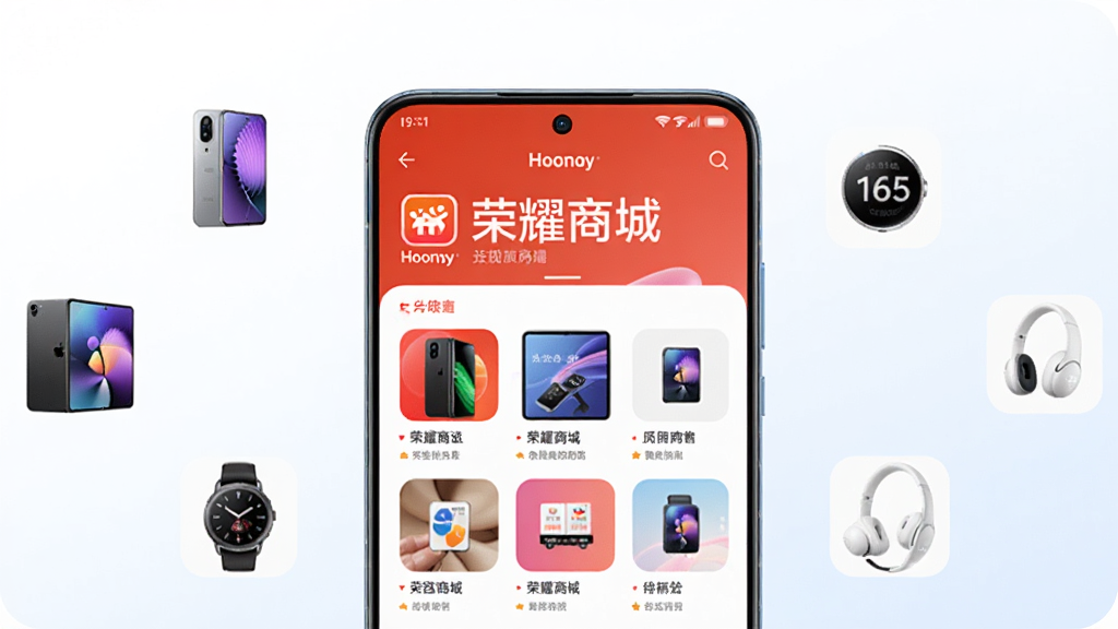 一部智能手机居中竖放,屏幕显示“荣耀商城”App首页界面,背景为纯白渐变浅蓝色,周围悬浮荣耀手机、平板、手表、耳机等产品小图标,整体布局简洁对称,风格现代科技感,细节清晰,画质高清,干净无多余元素