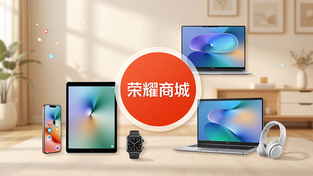 一张智慧生活场景图,画面中包含“荣耀商城”文字标识,展示手机、平板、笔记本、智慧屏、手表、耳机等设备围绕一个中心圆环排列,背景为浅色家居环境,布局均衡,风格温馨科技,细节丰富,画质高清,干净无多余元素