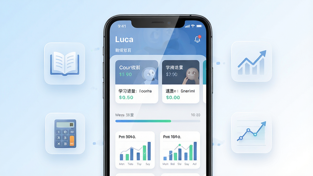主体为一部智能手机,屏幕显示Luca应用的学习界面,界面中包含课程卡片、学习进度条与财经图表元素;布局采用居中构图,手机两侧环绕半透明的书本、计算器与折线图图标;排版简洁现代,风格为科技教育风;细节上屏幕有柔和的反光,背景为浅蓝到白色的渐变,画质高清,干净,无多余元素