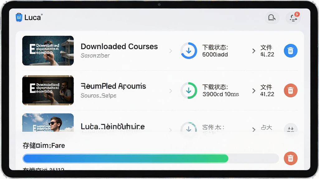 主体为Luca应用的离线缓存管理界面,屏幕上显示已下载课程列表与存储空间占用条;布局采用列表式排版,左侧为课程缩略图,右侧为下载状态与文件大小;风格为清爽浅色系;细节上带有下载进度环与删除按钮图标,背景为浅灰白色,画质高清,干净,无多余元素