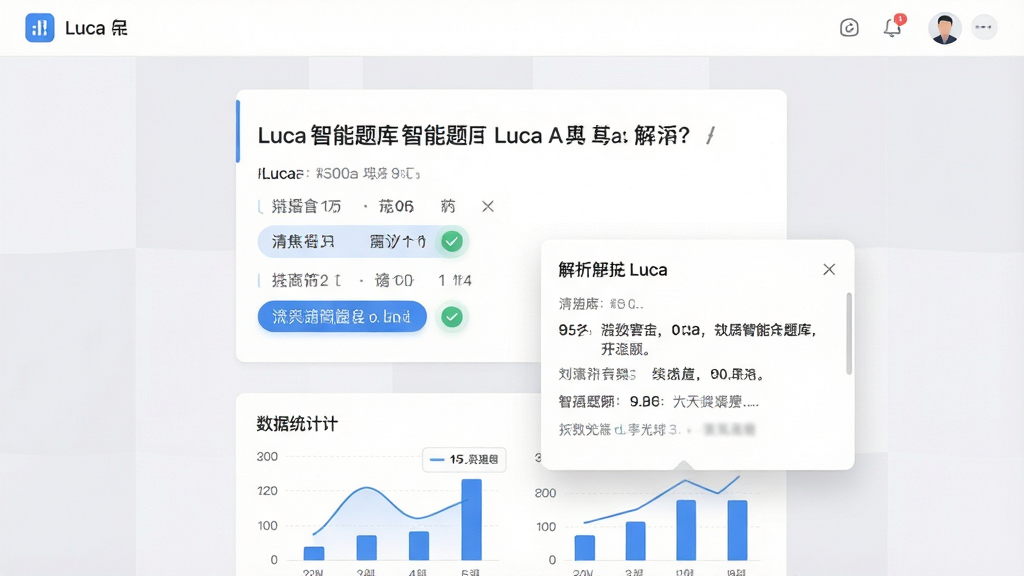 主体为Luca应用中的智能题库界面,屏幕中央展示一道财经选择题与解析弹窗;布局采用上下结构,上方为题目卡片,下方为数据统计小图表;排版清晰,风格为简约商务风;细节上题目选项带有勾选高亮效果,背景为白色与浅灰色交替,画质高清,干净,无多余元素