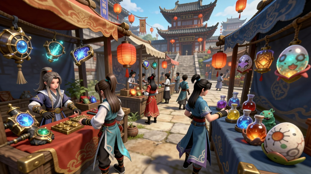 一个热闹的仙侠风格集市场景,多位穿着不同门派服饰的玩家角色在摊位前交易,摊位上有发光的装备、丹药和宠物蛋,背景是古色古香的楼阁与红色灯笼,画面风格为国风MMO游戏场景,色彩丰富明亮,细节清晰,画质高清
