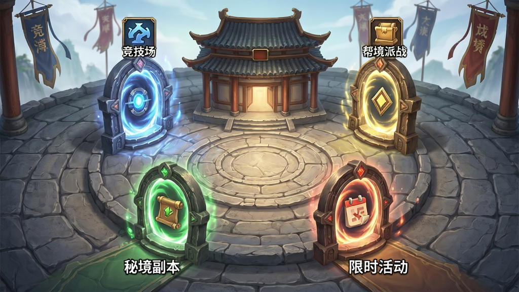 一张展示游戏内多种玩法入口的插画,画面中央是一个古风建筑风格的圆形大厅,四周分布着