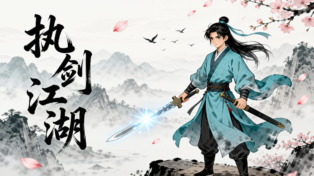 一幅国风水墨风格的武侠场景插画,画面中央是一位身穿青衫的年轻剑客手持长剑立于山巅,背景是层叠的远山与飘落的桃花瓣,画面左侧有