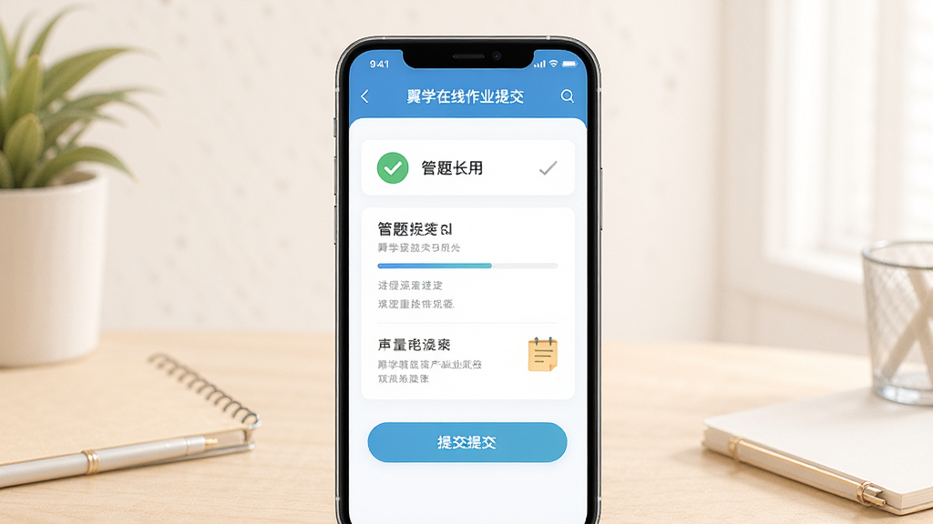 ��ѧ������ҵ�ύҳ�棬��������Ϊ�ֻ���Ļ��ʾ���⿨���ύ��ť������ͻ����ҵ���棬���ֶԳƣ��Ű�����������º�������ϸ�ڰ����Թ�ͼ�ꡢ���������ʼǷ��ţ����ʸ���ɾ��޶���Ԫ��