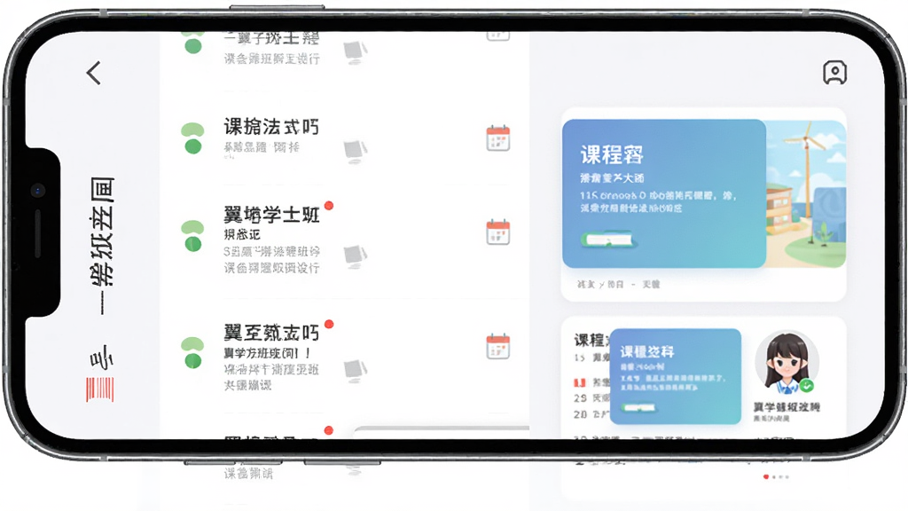 ��ѧ�༶�ռ���棬����չʾ�ֻ���Ļ��֪ͨ�б���γ̿�Ƭ������Ϊ�ֻ�����棬���ֲ������½ṹ���Ű����룬����Լ�ִ���ϸ�ڰ�����Ϣ��㡢����ͼ�ꡢ�༶ͷ�񣬻��������ɾ��޶���Ԫ��