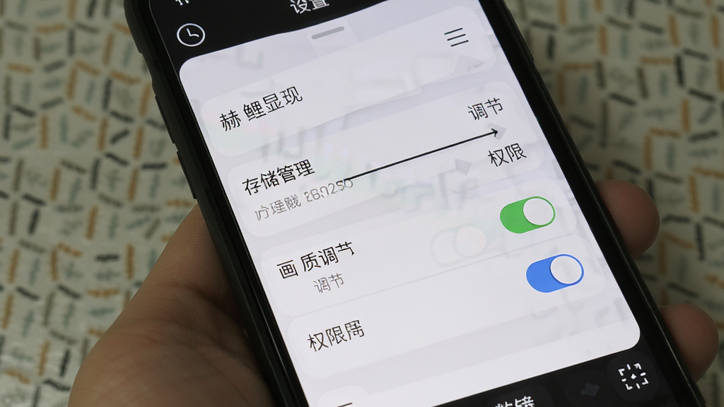 主体是手机屏幕显示赫鲤显微镜设置界面,布局为纵向列表,排版清晰,风格为简洁工具类界面,细节包含存储管理、画质调节、权限开关等选项,画质高清,干净,无多余元素