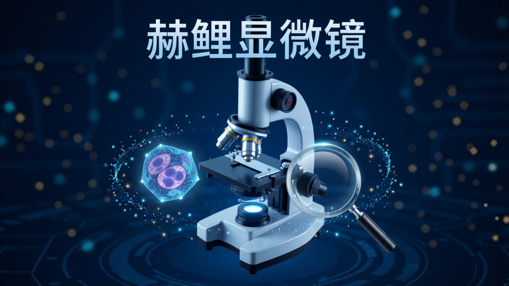 主体是一台悬浮在深蓝色科技背景中的虚拟显微镜设备,布局为居中展示,排版上方放置软件名称文字“赫鲤显微镜”,风格为现代科技教育风,细节包含发光的细胞切片、放大镜光晕、数字粒子环绕,画质高清,干净,无多余元素
