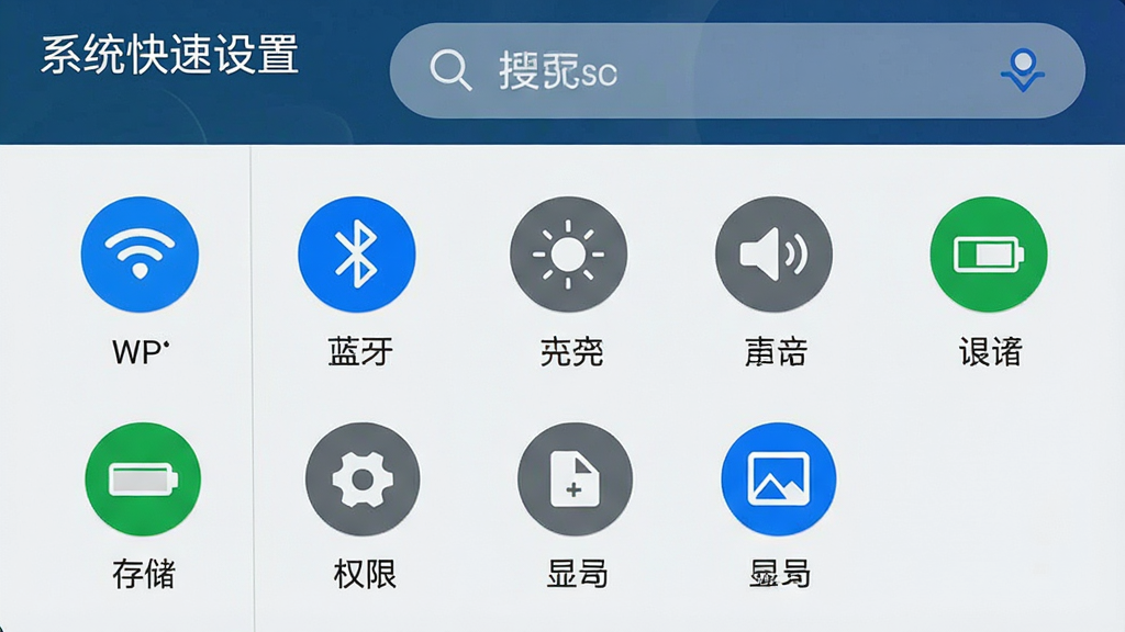 一张手机屏幕截图风格的图片,画面中“系统快速设置”应用界面清晰展示,顶部有搜索栏,下方以网格形式排列着WiFi、蓝牙、亮度、声音、电池、存储、权限、显示等设置图标,每个图标下方有中文标签,整体布局整齐,采用浅色背景,风格简洁商务,画质干净清晰,无多余元素。