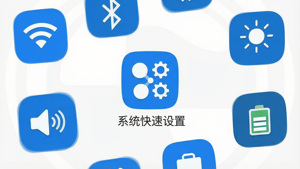 一张展示智能手机主界面的图片,画面中央是“系统快速设置”应用图标,图标周围环绕着WiFi、蓝牙、亮度、声音、电池、存储等设置功能的小图标,整体布局简洁明了,采用扁平化设计风格,色彩以蓝色和白色为主调,细节清晰,画质干净,无多余元素,适合作为软件下载站预览图。