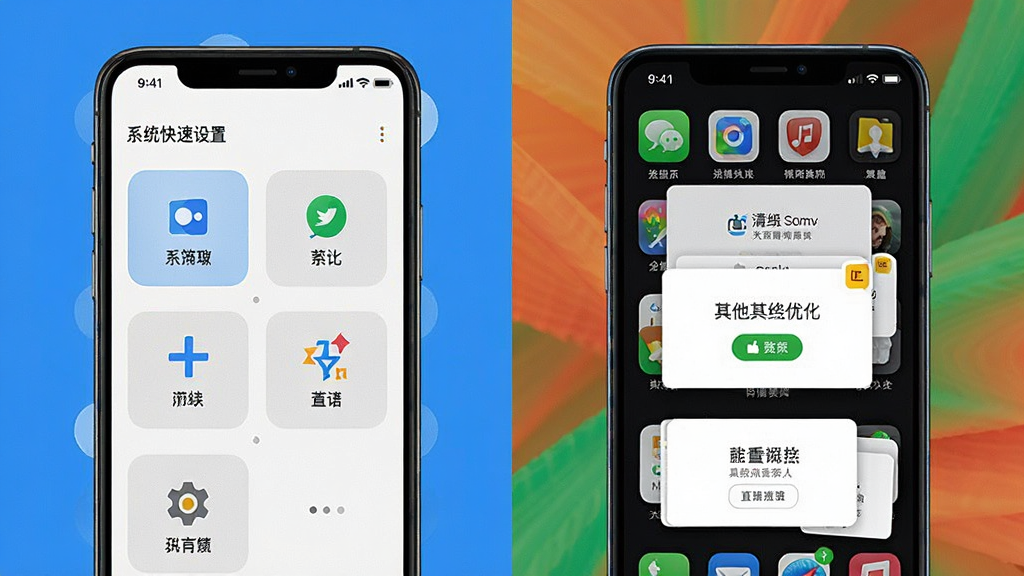 一张展示手机清理优化类应用的对比图,左侧是“系统快速设置”应用界面简洁无广告,右侧是其他应用充满弹窗广告的示意,画面采用左右对比布局,风格简洁明了,色彩对比鲜明,画质干净,无多余元素。