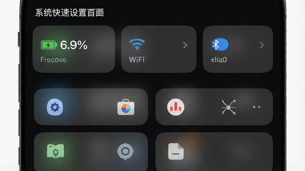 一张手机应用界面展示图,画面中“系统快速设置”首页顶部显示电池电量百分比、WiFi信号强度、蓝牙状态等实时信息卡片,下方是功能图标区域,整体采用深色模式背景,信息卡片为半透明磨砂质感,文字清晰易读,风格现代科技感,画质干净,无多余元素。