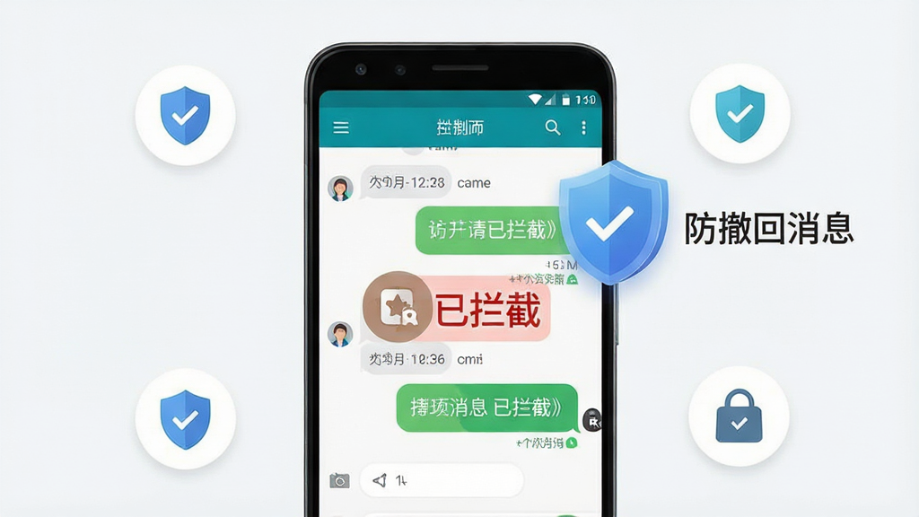 一张展示安卓手机屏幕的图片,屏幕上显示着聊天界面,其中有一条被撤回的消息旁边标注着“已拦截”字样,手机旁边漂浮着盾牌图标和“防撤回消息”文字,整体布局为手机居中、图标环绕四周,排版简洁清晰,风格为扁平化科技风,细节包括聊天气泡、时间戳、拦截标记等元素,画质高清,画面干净,无多余元素
