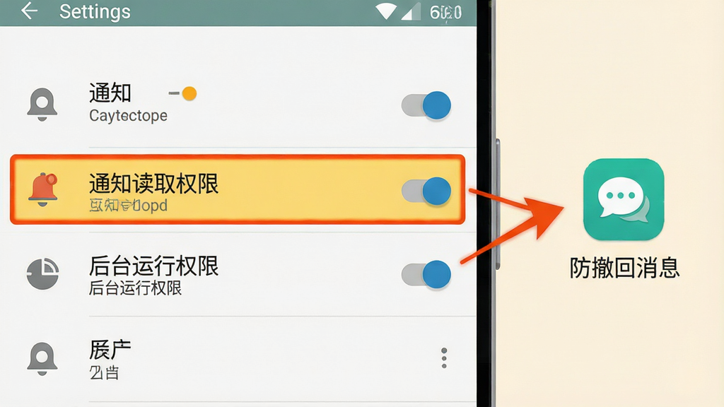一张展示手机权限设置的示意图,画面为安卓手机设置界面,高亮标注“通知读取权限”和“后台运行权限”两个选项,旁边有箭头指向“防撤回消息”图标,背景为浅色,风格为扁平化UI风格,细节包括设置项文字、开关按钮、图标等,画质清晰,画面干净,无多余元素