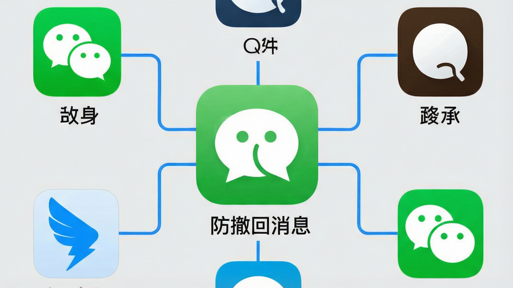 一张展示多应用兼容概念的图片,画面中央是“防撤回消息”软件图标,周围环绕着微信、QQ、钉钉、企业微信等应用图标,图标之间用连线连接,背景为浅灰色,风格为简洁商务风,细节包括各应用图标特征、连线样式、软件名称文字等,画质高清,画面干净,无多余元素