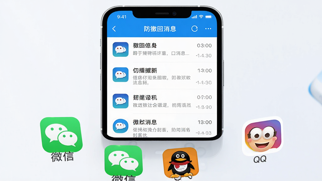 一款手机应用界面展示图,画面中央是手机屏幕,屏幕上显示“防撤回消息”软件的消息列表页面,列表中有多条被拦截的消息记录,每条记录带有应用图标和时间标签,手机下方有“微信”“QQ”等应用图标环绕,整体风格为简约科技感,配色以蓝白为主,细节清晰,画质干净,无多余元素