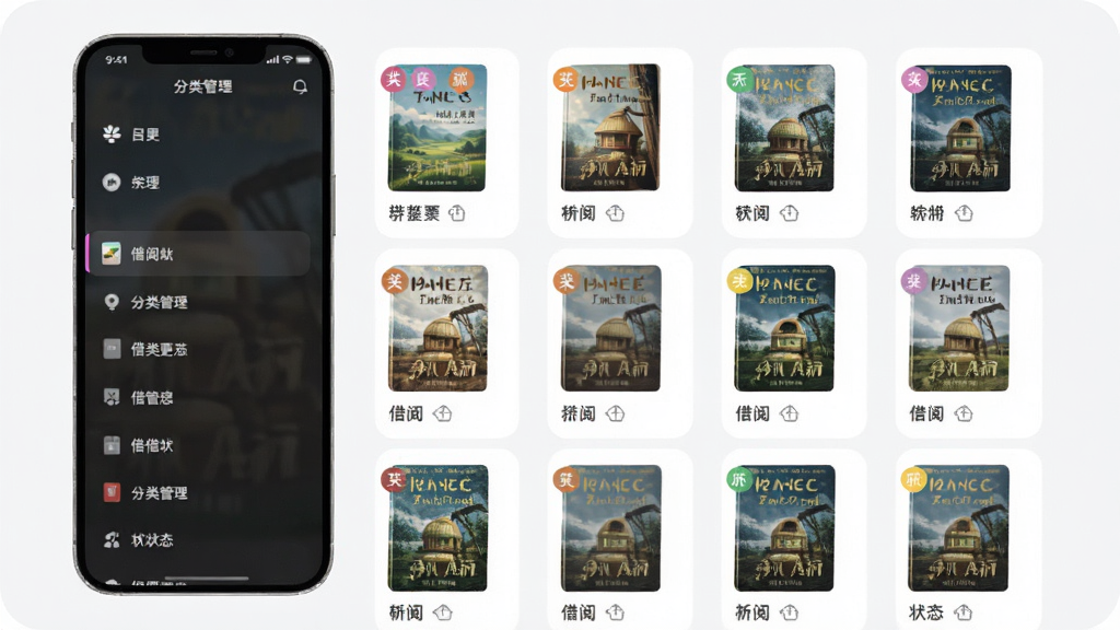 小满图书管理APP的分类管理界面,屏幕左侧是分类目录列表,右侧是图书卡片展示区,每本书带有彩色标签,界面采用圆角卡片设计,配色柔和,细节包括分类名称、标签颜色、图书封面和借阅状态,画质高清,排版整洁,干净无多余元素