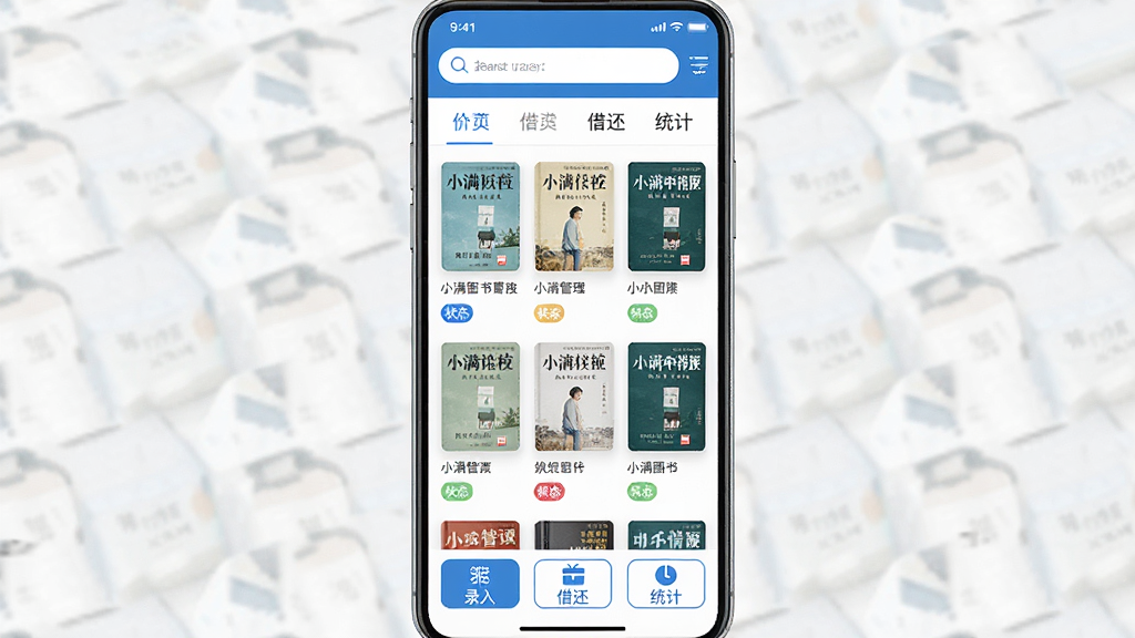 一张展示小满图书管理APP主界面的手机屏幕截图,画面中央是整齐排列的图书封面网格,顶部有搜索栏和分类标签,底部有录入、借还、统计等功能按钮,整体布局清晰整洁,采用蓝白配色风格,细节包括图书封面缩略图、书名文字、借阅状态标签,画质高清干净无多余元素
