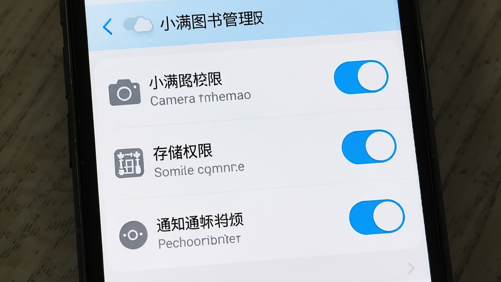 一张手机屏幕显示小满图书管理权限设置界面的截图,画面中有相机权限、存储权限和通知权限的开关按钮,界面采用简洁的列表布局,配色为白色和浅蓝色,细节包括权限图标和文字说明,画质高清,干净无多余元素