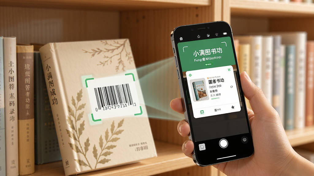 小满图书管理扫码录入功能展示图,画面中央是一部智能手机正在扫描一本实体书的条形码,手机屏幕上显示识别成功的提示和书籍信息卡片,背景是书架和几本排列整齐的书,整体色调温暖明亮,风格写实,画质清晰,干净,无多余元素