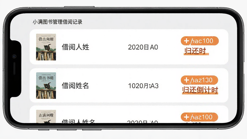 小满图书管理借阅记录页面图,手机屏幕显示借出书籍列表,每条记录包含书籍封面缩略图、借阅人姓名、借出日期和归还倒计时,界面有醒目的提醒标签,背景为浅灰色,整体排版清晰,风格商务简洁,画质清晰,无多余元素