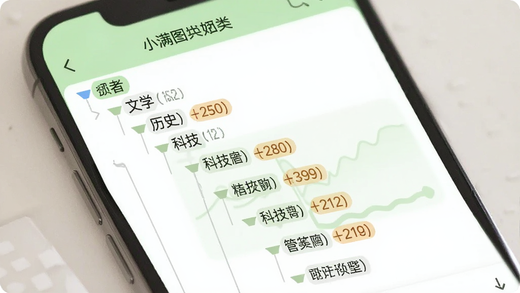 小满图书管理分类管理界面示意图,画面展示手机屏幕中树状结构的分类目录,一级分类有文学、历史、科技等,二级分类展开显示具体子类,每个分类旁边有图书数量角标,界面配色清新浅绿,布局规整,风格简约现代,画质清晰,无多余元素