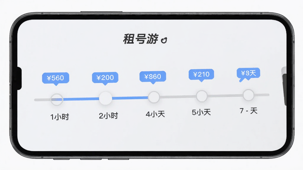 租号游租用时长选择界面,手机屏幕显示一个时间轴滑块,从1小时到7天不等,每个节点旁边有对应的价格标签。背景为浅灰色,风格简约商务,细节清晰,画质干净,无多余元素,图片中文字标注“租号游”。
