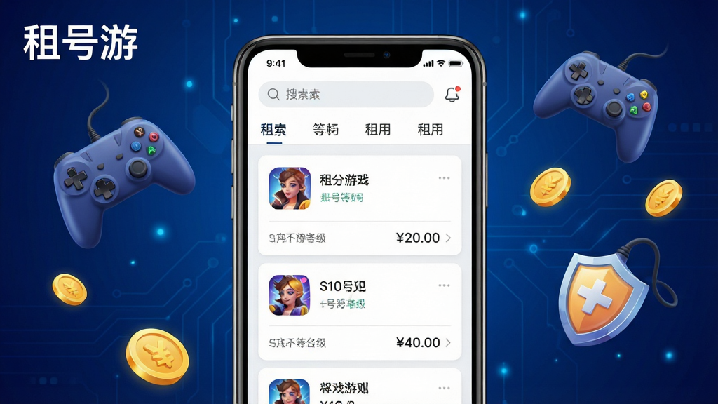 租号游应用主界面全貌展示,画面中央放置一部智能手机,手机屏幕显示租号游APP的账号列表页面,顶部有搜索栏和分类标签,下方排列多个游戏账号卡片,每张卡片包含游戏图标、账号等级和租用价格。背景为深蓝色渐变科技风格,周围漂浮着游戏手柄、金币、盾牌等元素。整体排版简洁清晰,风格现代科技感,细节丰富,画质高清,干净无多余元素,图片中文字标注“租号游”。