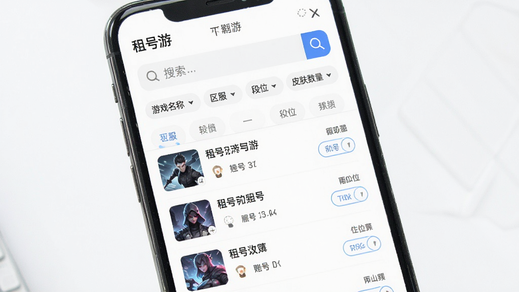 租号游搜索筛选功能界面,手机屏幕显示搜索框和多个筛选标签,如“游戏名称”“区服”“段位”“皮肤数量”等,下方有账号列表实时更新。背景为白色,风格清新浅色,细节清晰,画质干净,无多余元素,图片中文字标注“租号游”。