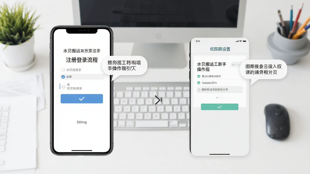 水贝搬运工新手操作指引图,画面展示手机屏幕内注册登录流程与权限设置界面,背景为简洁办公桌面,布局分步图示,排版清晰,风格扁平化,细节包括勾选按钮、提示气泡,画质高清,干净无多余元素