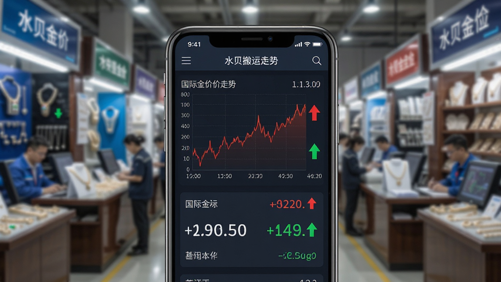 水贝搬运工实时金价界面,手机屏幕显示国际金价走势折线图与数字报价,背景为水贝珠宝市场交易大厅,布局上下结构,排版整齐,风格现代科技感,细节包括红绿涨跌箭头、时间戳,画质清晰,干净无多余元素