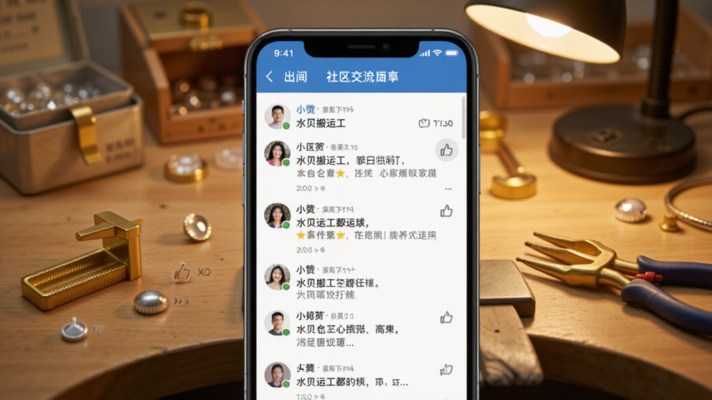 水贝搬运工社区交流界面,手机屏幕显示帖子列表与用户评论,背景为珠宝鉴定工作台,风格温暖社区感,细节包括点赞图标、用户头像、验金工具,画质清晰,干净无多余元素