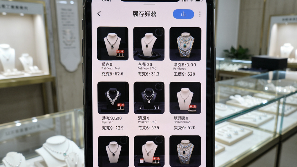 水贝搬运工展厅库存列表截图,画面展示手机屏幕内珠宝商品网格布局,每件商品标注克重与工费,背景为珠宝展厅柜台,风格简洁明亮,细节包括商品缩略图、筛选按钮,画质高清,干净无多余元素