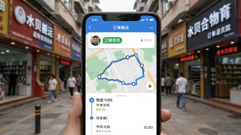 水贝搬运工代购跑腿订单追踪界面,手机屏幕显示地图轨迹与买手头像,背景为水贝珠宝市场街道,布局上下结构,风格生活化,细节包括订单状态标签、物流时间轴,画质清晰,干净无多余元素