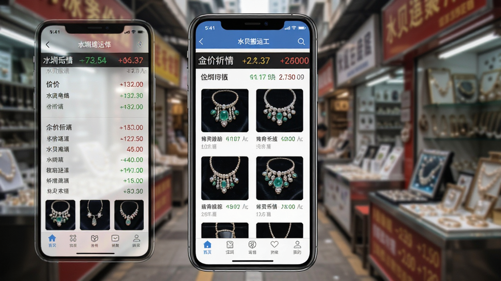 水贝搬运工软件主界面截图,画面中央展示手机屏幕内金价行情列表与珠宝商品缩略图,背景为深圳水贝珠宝市场实景,布局清晰,排版简洁,风格写实商务,细节包括金价数字滚动、底部导航栏图标,画质高清,干净无多余元素