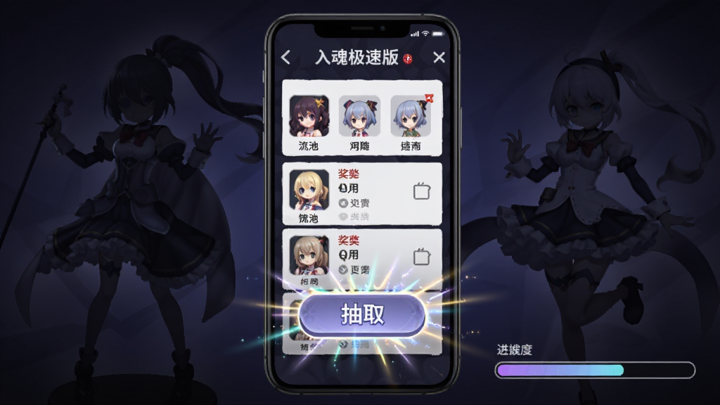 入魂极速版 一番赏抽选界面图,画面中央为手机屏幕,屏幕内展示奖池列表与抽取按钮,按钮周围有光效高亮,背景为暗色渐变突出前景,风格偏二次元潮玩,细节包含手办剪影与进度条,画质精细,主体明确,干净无多余文字
