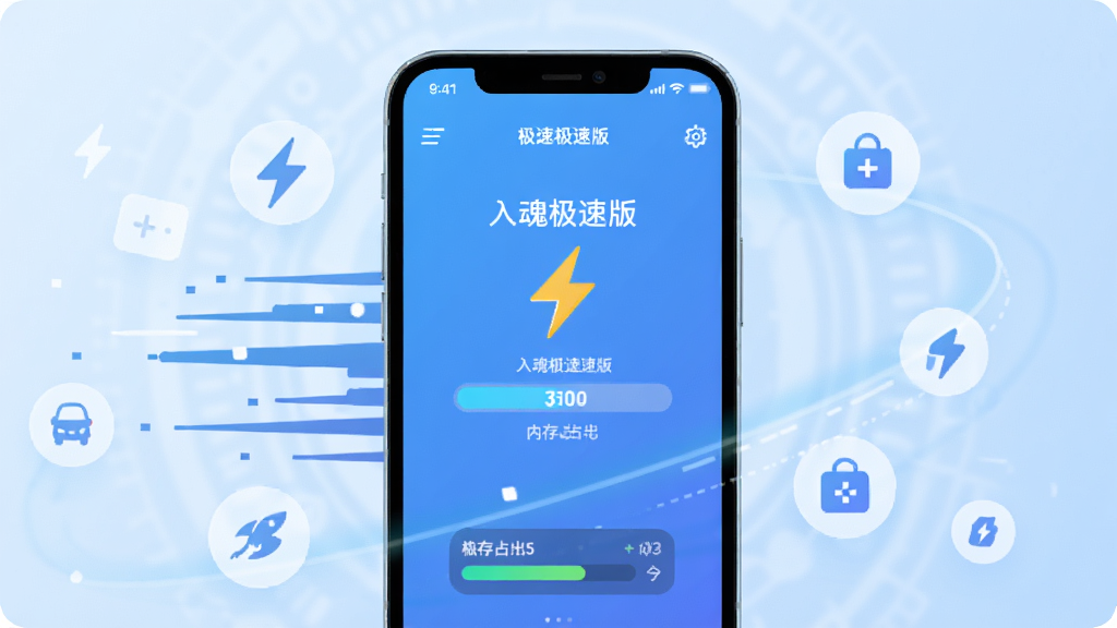 入魂极速版 极速启动概念图,画面以手机为中心,周围环绕速度线条与轻量图标,手机屏幕显示入魂极速版界面正在快速加载,背景为淡蓝色科技感渐变,主体突出,排版简洁,风格现代扁平,细节包含闪电符号与内存占用指示条,画质清晰,干净无多余元素