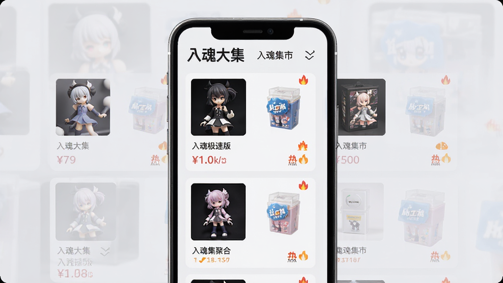 入魂极速版 入魂大集聚合页面示意图,画面展示手机屏幕内多个商品卡片整齐排列,卡片上带有手办与盲盒缩略图,顶部标签写着“入魂大集”“入魂集市”,背景为柔和浅灰色,布局清晰,风格简约电商感,细节包含价格标签与热度小图标,画质高清,无杂乱元素