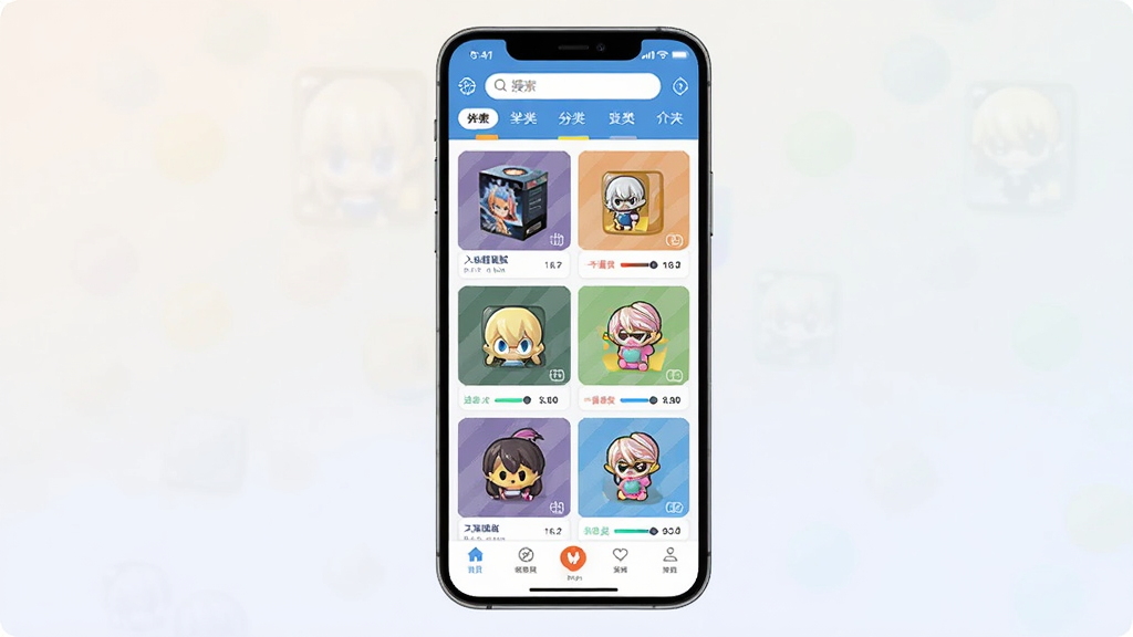 入魂极速版 1.6.2 手机应用主界面预览图,画面中央展示一款竖屏手机,屏幕内呈现潮玩抽盒与一番赏商品瀑布流布局,顶部有搜索栏与分类标签,底部有导航菜单,背景为浅色渐变,整体风格干净清爽,细节包含手办盒、盲盒图标与进度条元素,画质高清,无多余文字,构图居中,适合下载站展示