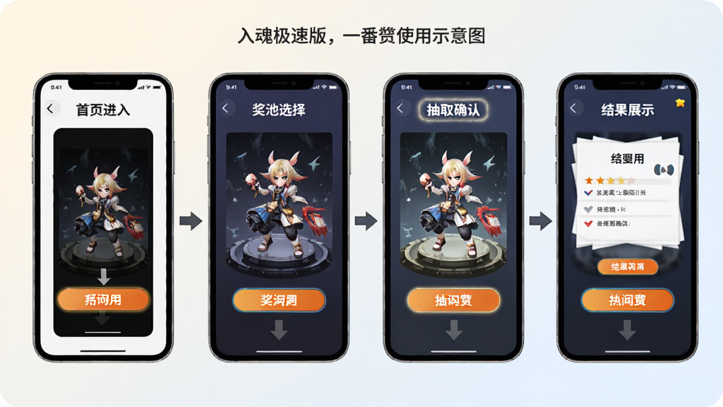 入魂极速版 一番赏使用流程示意图,画面为手机屏幕分步展示:首页进入、奖池选择、抽取确认、结果展示,四个小屏幕横向排列,背景为浅色渐变,风格简洁教程类,细节包含箭头引导与按钮高亮,画质清晰,无多余文字