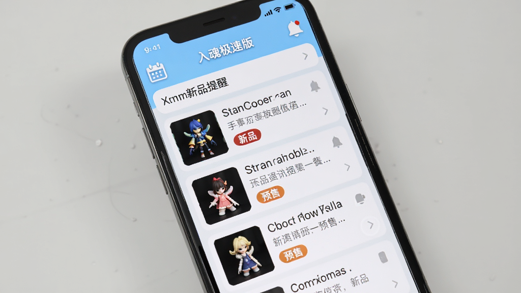 入魂极速版 手办资讯与新品提醒界面,画面为手机屏幕展示资讯列表,每条资讯配有小尺寸手办图,顶部有日历与铃铛图标,背景为白色与浅蓝搭配,布局规整,风格清新阅读类应用,细节包含“新品”“预售”标签,画质清晰,无多余装饰
