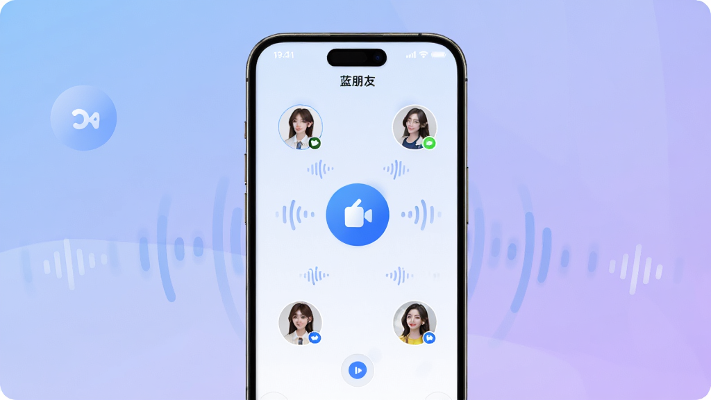 画面中央是一部智能手机,屏幕显示蓝朋友语音APP的语音房间界面,多个用户头像环绕排列,声波图标点缀其间。背景为柔和的蓝紫色渐变,整体风格清新现代,细节精致,画质干净清晰,无多余元素