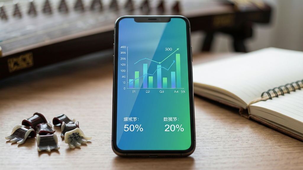 一部手机屏幕显示数据报告图表,包含柱状图、折线图和百分比数字,图表颜色为蓝绿渐变,手机旁边散落着古筝指甲和一本笔记本,布局为手机居中特写、背景虚化,风格为现代数据可视化,细节包含屏幕反光、图表标注线、木质桌面纹理,画质高清,画面干净,无多余元素,图片中不出现文字