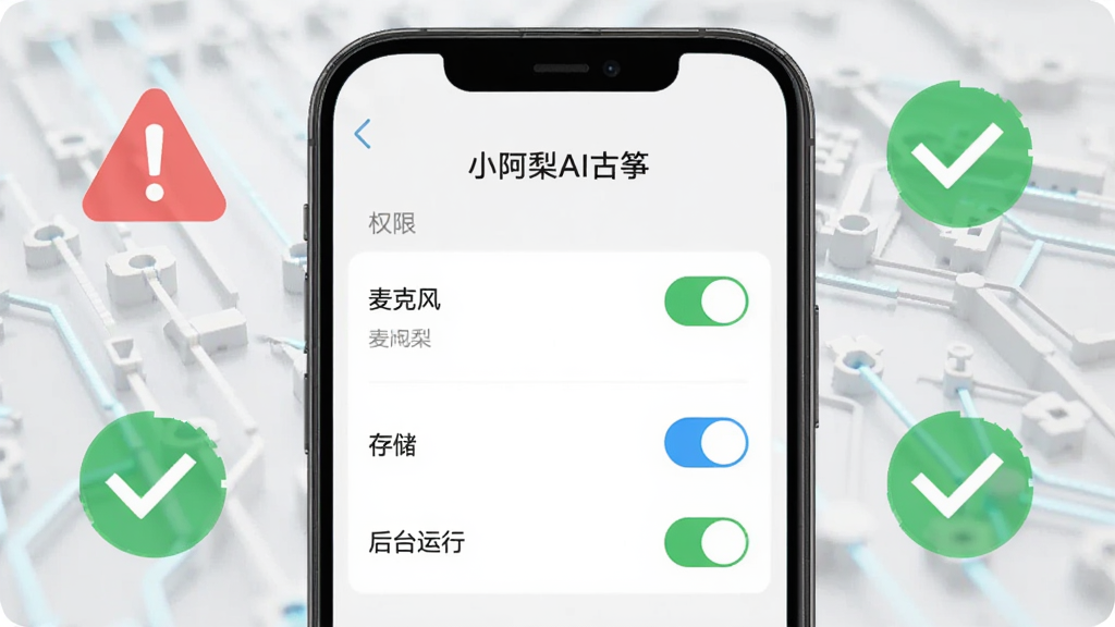 一部手机屏幕显示小阿梨AI古筝的权限设置页面,旁边有红色警告图标和绿色对勾图标,背景为浅灰色科技纹理,布局为手机居中、图标环绕,风格为扁平化信息图,细节包含权限开关按钮、文字标签“麦克风”“存储”“后台运行”,画质高清,画面干净,无多余元素