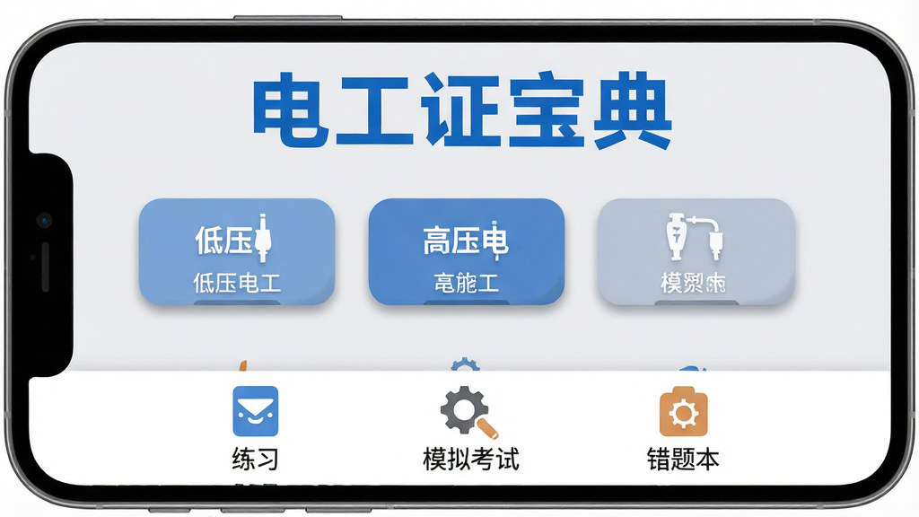 �ֻ���Ļ����ʾ�繤֤����APP����ҳ���棬��������Ŀ�ġ��繤֤���䡱��ɫ���⣬�м������ŵ�ѹ�繤����ѹ�繤�ȹ��ְ�ť���ײ�����ϰ��ģ�⿼�ԡ����Ȿ��ͼ�꣬���岼�ּ������������Ϊǳ��ɫ�����Ϊ��ƽ��UI��ƣ�ϸ�ڰ�����ťԲ�ǡ�ͼ����Ӱ����������������Ϊ����1080p���ɾ��޶���Ԫ��