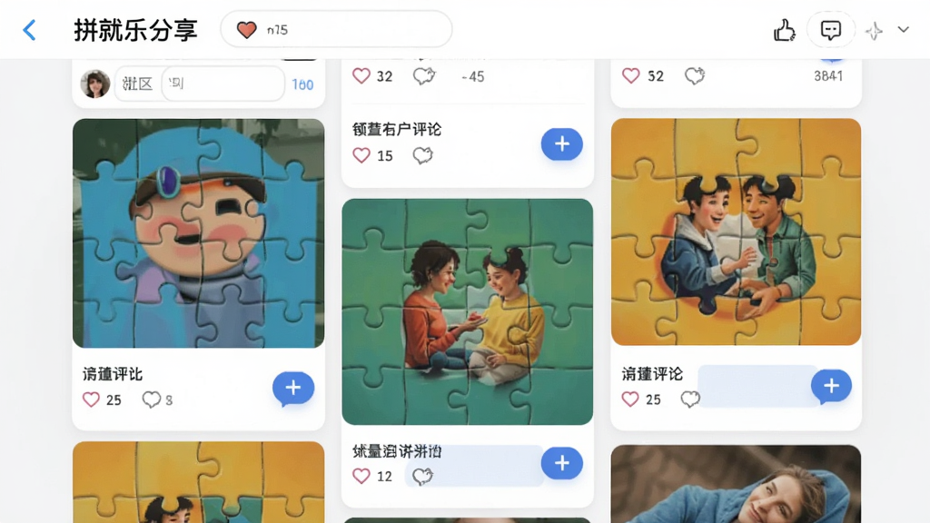 ƴ���������������棬չʾ�û�������ƴͼ��Ʒ�ͻ�����ť������Ϊ�ٲ���������罻����ϸ�ڰ�������ͼ������ۿ򣬻��ʸ��壬�ɾ����޶���Ԫ��