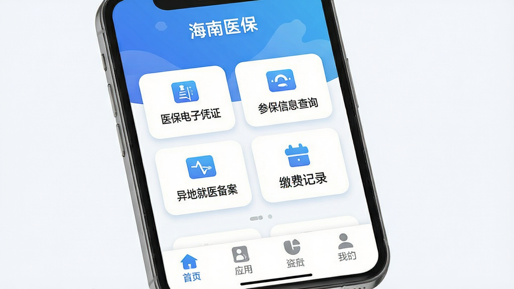 手机屏幕展示海南医保应用主界面,顶部为蓝色渐变背景配白色标题栏,中间区域排列医保电子凭证、参保信息查询、异地就医备案、缴费记录等功能卡片图标,底部为导航栏,整体布局清晰简洁,风格为扁平化政务蓝白配色,细节包含圆角卡片和柔和阴影,画质高清干净无多余元素